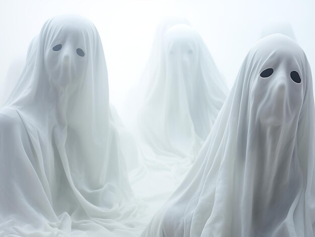 Scary ghostly heads under a white cloth in pastel colors