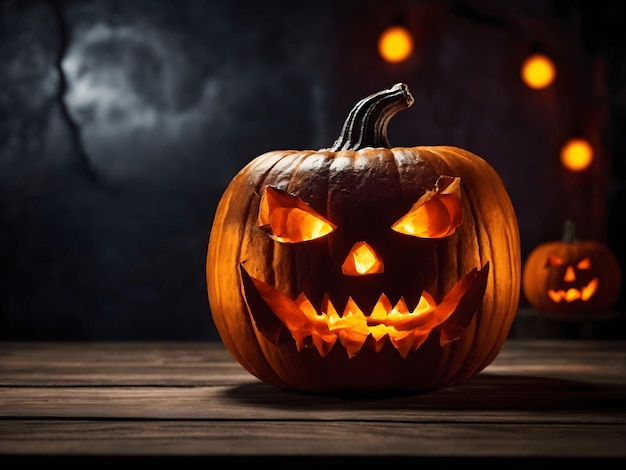 Scary glowing halloween pumpkin on a wooden old table with free space for design and text at night