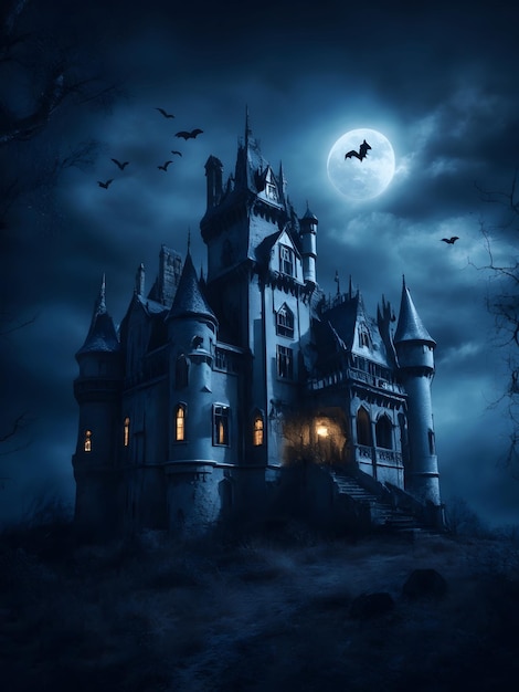 Scary Gothic castle on Halloween night haunted palace or mansion for dark blue background