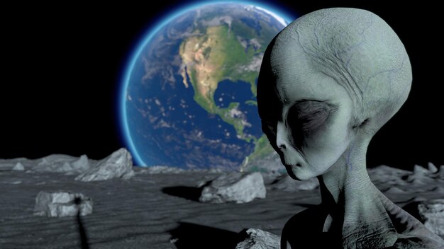 Photo scary gray alien stands on the moon and looks blinking planet earth is visible ufo futuristic concept 3d rendering