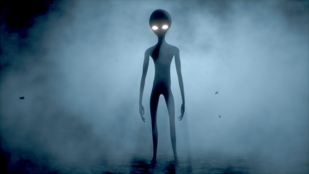 Фото Страшный серый инопланетянин ходит и мигает на темном дымном фоне. футуристическая концепция нло. 3d-рендеринг.