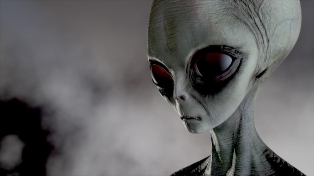 Scary gray alien walks and looks blinking on a dark smoky background. UFO futuristic concept. 3D rendering.