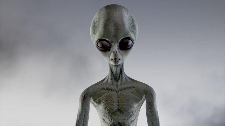 Photo 무서운 회색 외계인이 걷고 어두운 연기가 자욱한 배경에서 깜박입니다. ufo 미래 개념입니다. 3d 렌더링.