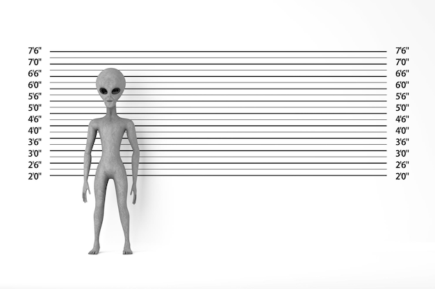 Photo scary gray humanoid alien cartoon character person mascot in front of police lineup or mugshot background 3d rendering