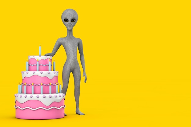 Personaggio dei cartoni animati alieno umanoide grigio spaventoso mascotte della persona con torta a più livelli del dessert del fumetto di compleanno e rendering 3d delle candele