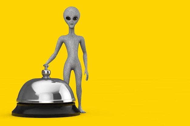 Scary Gray Humanoid Alien Cartoon Character Person Mascot with Hotel Service Bell Call 3d Rendering