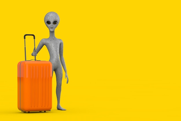 Scary Gray Humanoid Alien Cartoon Character Person Mascot with Orange Travel Suitcase 3d Rendering