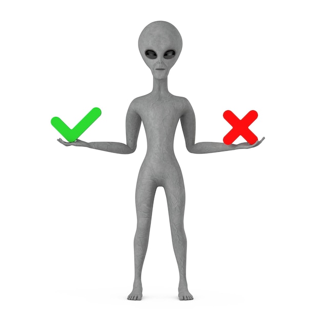 Scary Gray Humanoid Alien Cartoon Character Person Mascot with Red Cross and Green Check Mark Confirm or Deny Yes or No Icon Sign 3d Rendering