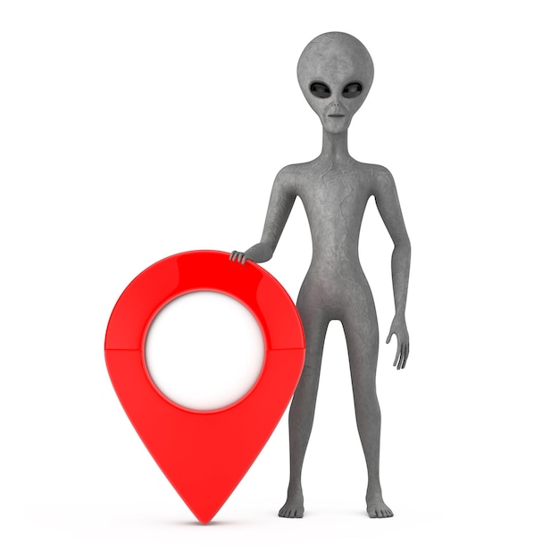무서운 회색 인간형 외계인 만화 캐릭터 사람 마스코트 빨간색 지도 포인터 대상 핀 3d 렌더링