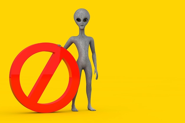 Scary Gray Humanoid Alien Cartoon Character Person Mascot with Red Prohibition or Forbidden Sign 3d Rendering