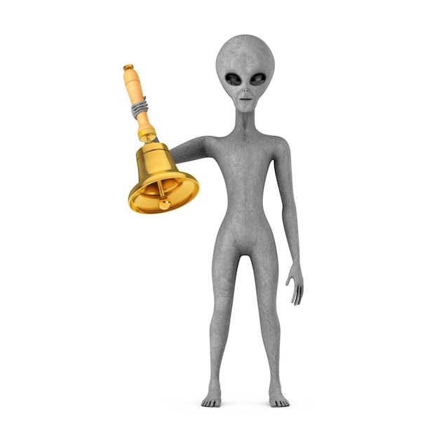 Scary Gray Humanoid Alien Cartoon Character Person Mascot with Vintage Golden School Bell 3d Rendering