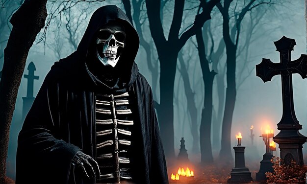 Scary Grim reaper in cemetery at night