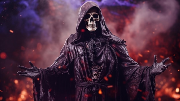Scary grim reaper in the dark with fire and smoke background