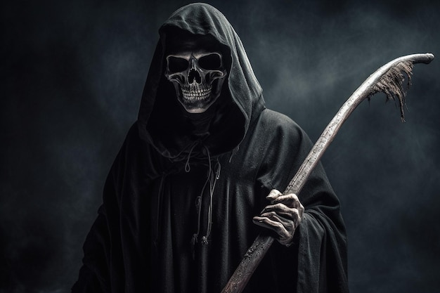 Scary grim reaper with a scythe in the field Halloween theme