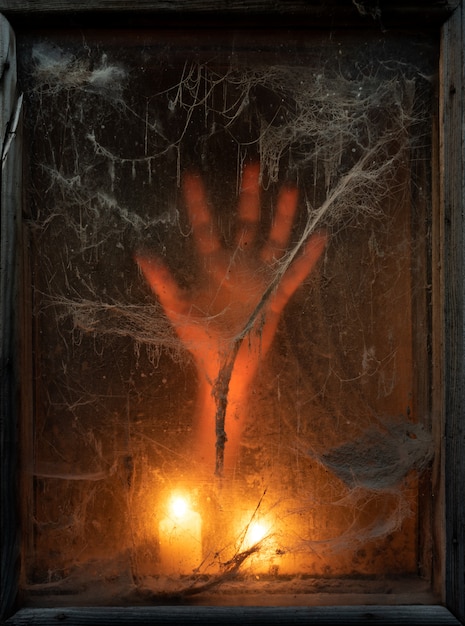 Страшный Хэллоуин фон с жуткой паутиной и рукой в темноте