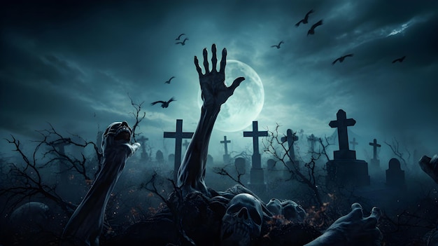 공포스러운 할로윈 배경은 유령 같은 좀비 손과 두개골으로 유령이 있는 무덤 묘지에 있습니다.