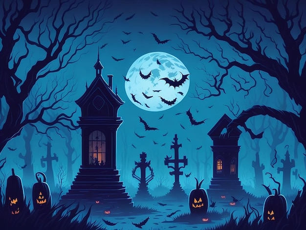 Scary halloween background with graveyard and haunted house