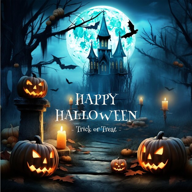 scary halloween background with pumpkins and moon