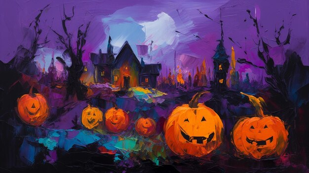 Scary Halloween background with pumpkins and scary house trees painting style