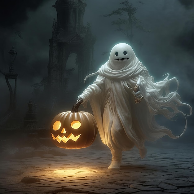 Scary Halloween Charm The Horror White Ghost with Fangs Carrying a CobwebWrapped Spooky Pumpkin