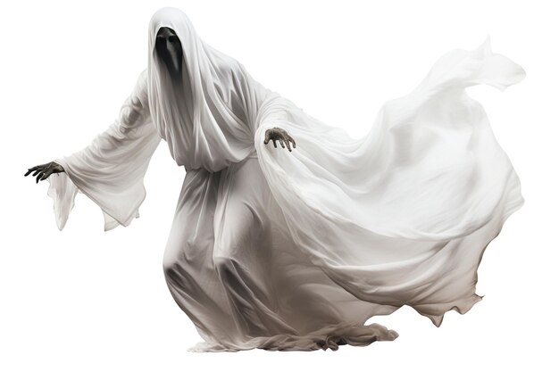 Photo scary halloween ghost isolated on white background happy halloween costume spooky character cut out trick or treat spirit phantom generative ai