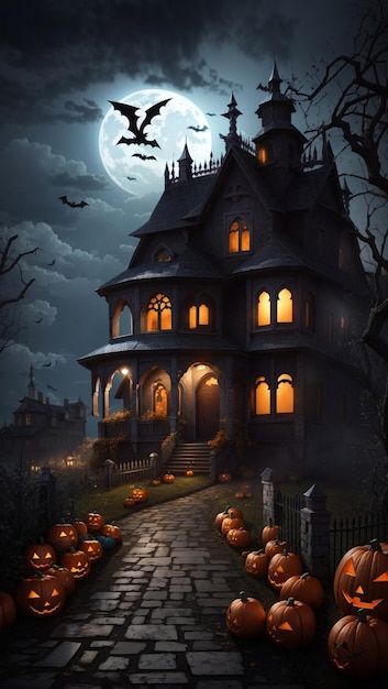 scary halloween house scenery with pumpkins