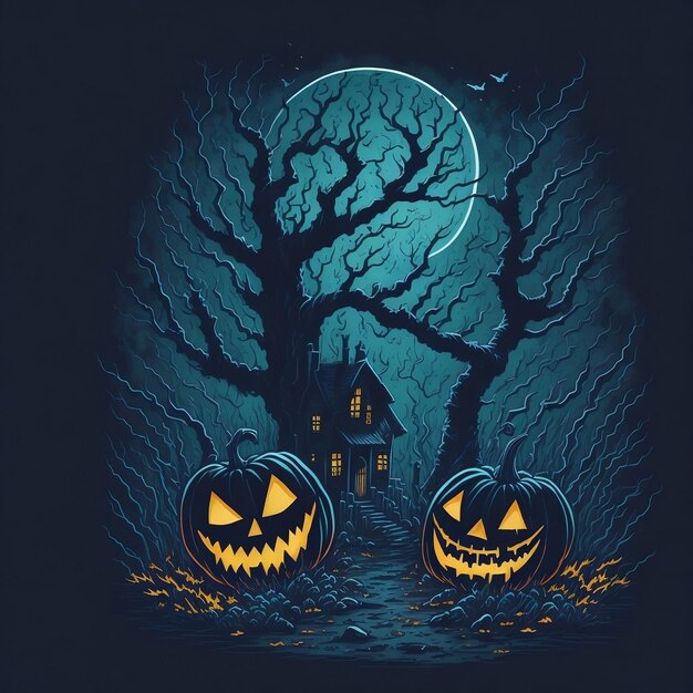 Scary Halloween house with bats pumpkins and zombies background
