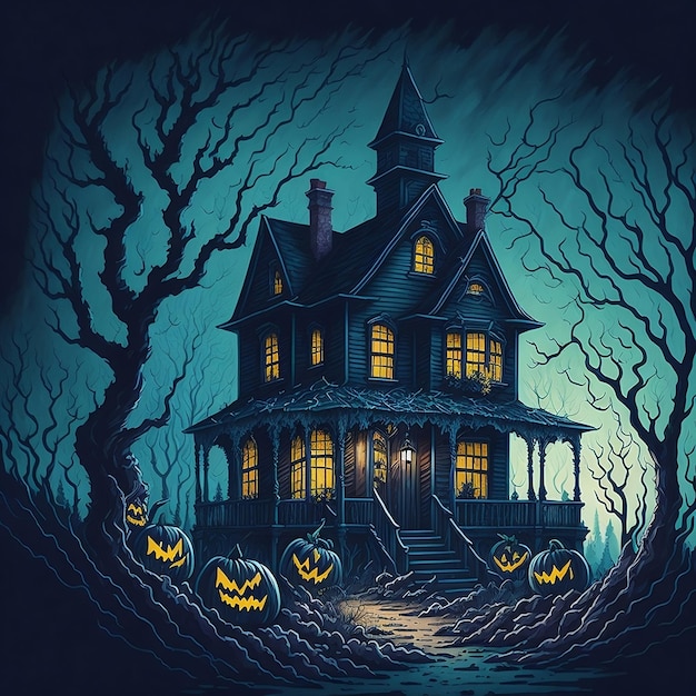 Scary Halloween house with bats pumpkins and zombies background