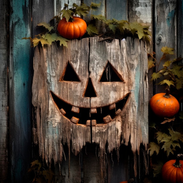scary halloween pumpkin background on old rustic wood