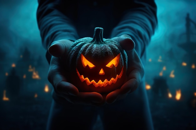 Scary halloween pumpkin in the hands generative ai