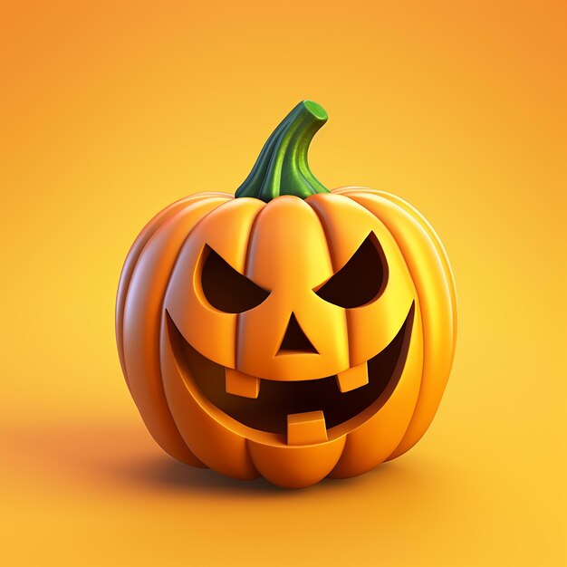 Scary Halloween pumpkin on an orange background with a carved face and a green tail 3d illustration