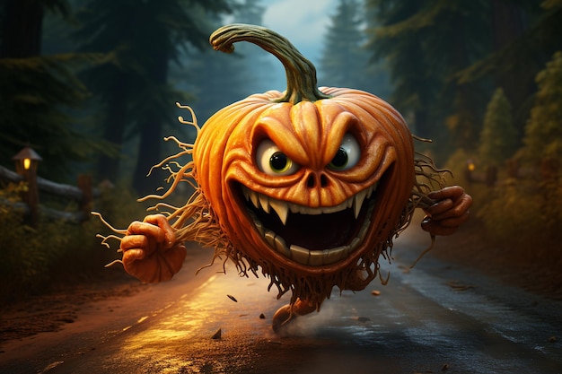 Scary halloween pumpkin running down a road