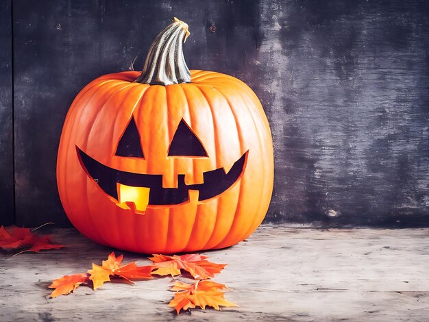 Foto spaventosa zucca di halloween su tavole di legno