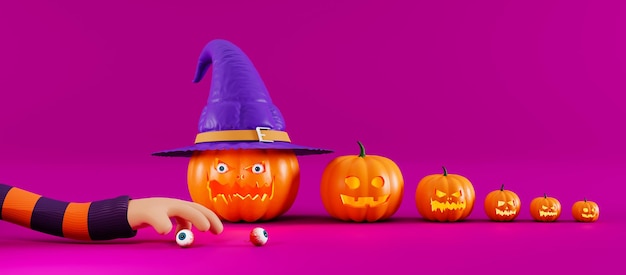 Zucche spaventose di halloween con occhi e mani umane banner creativo per il rendering 3d di halloween horror