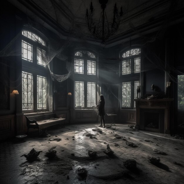 A scary Halloween scene in an old abandoned mansion at midnight