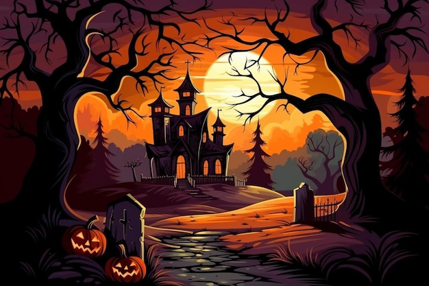 a scary halloween scene with a castle and pumpkins in the background