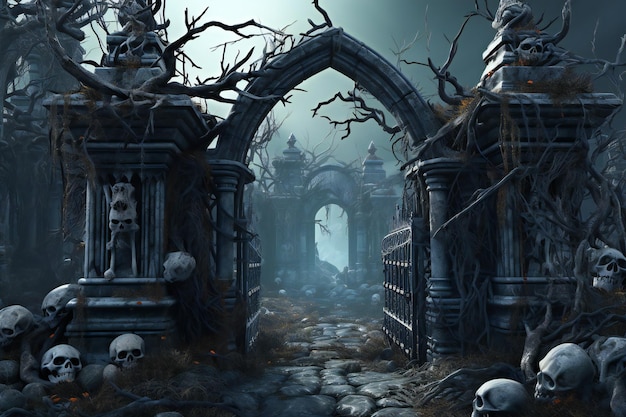 Scary halloween scene with haunted castle and graveyard