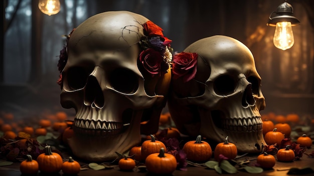 scary halloween skull decorated with many flowers AI Generated