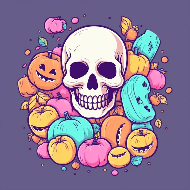 Scary halloween skull with orange pumpkin