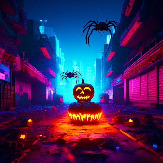 Photo scary halloween wallpaper with pumpkins and spiders in a dark road of night