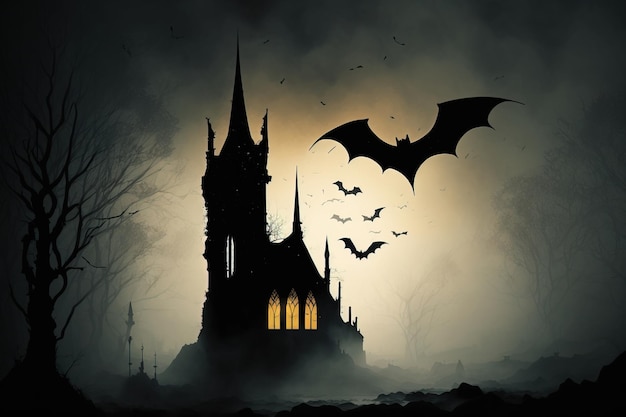 Scary haunted house caste with big bat silhouette background