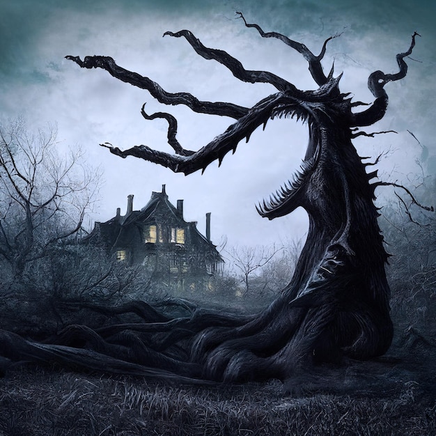 Scary Haunted House Monster Tree Halloween Background