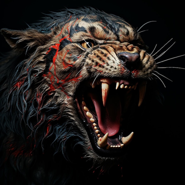 Scary head of an evil tiger with a bared mouth with large fangs stained with blood a predatory