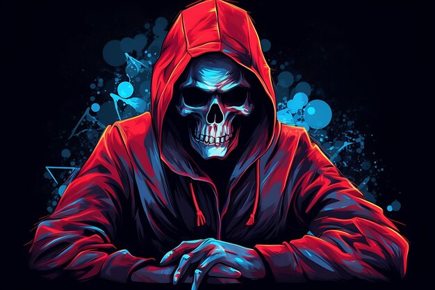 a scary hoodie skull is sitting looking at computer