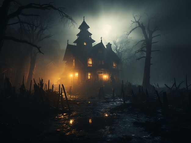 Scary House in the Forest with Spooky Trees Horror Background Generative AI