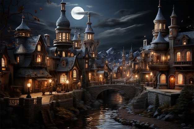 Scary house Troll house Yellow moon moonlight chaos mystery 3d render