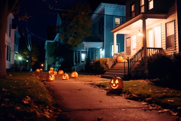 Scary jack lantern halloween pumpkins during day porch with stairs near house outdoor Hallows eve decoration pumpkiny on halloween background in open air generated AI