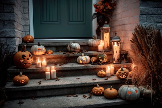 Scary jack lantern halloween pumpkins during day porch with stairs near house outdoor Hallows eve decoration pumpkiny on halloween background in open air generated AI