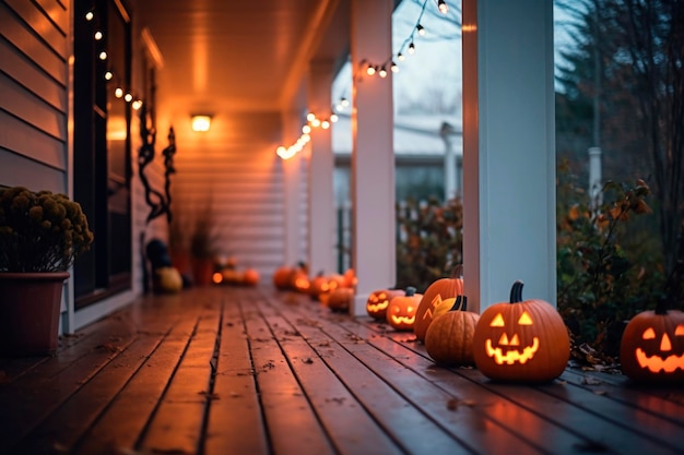 Scary jack lantern halloween pumpkins during day porch with stairs near house outdoor hallows eve decoration pumpkiny on halloween background in open air generated ai