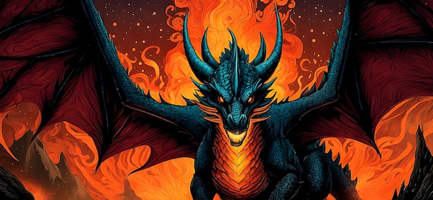 Scary mad dragon in a background with flames in comic cartoon style